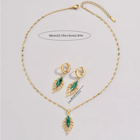 Altın Kaplama Yeşil İşlemeli Parlak Taşlı Zarif Yaprak Tasarımı Zarif ve Şık Kadın Takı Seti - Resim 3