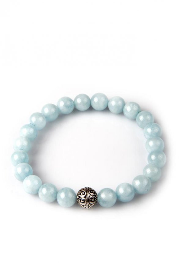 Akuamarin Doğal Taş 925 Ayar Gümüş Aparatlı Bileklik 8 mm Küre Kesim ürün görseli