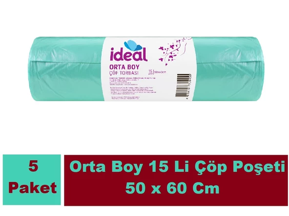 İdeal Cop Torbası Orta Boy Yeşil 15 Li 50x60 Cm x 5 Paket