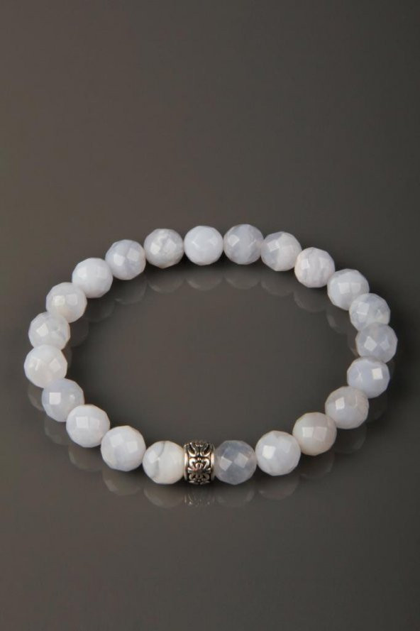 Mavi Dantelli Akik Doğal Taş Bileklik 8 mm Fasetli Küre Kesim ürün görseli