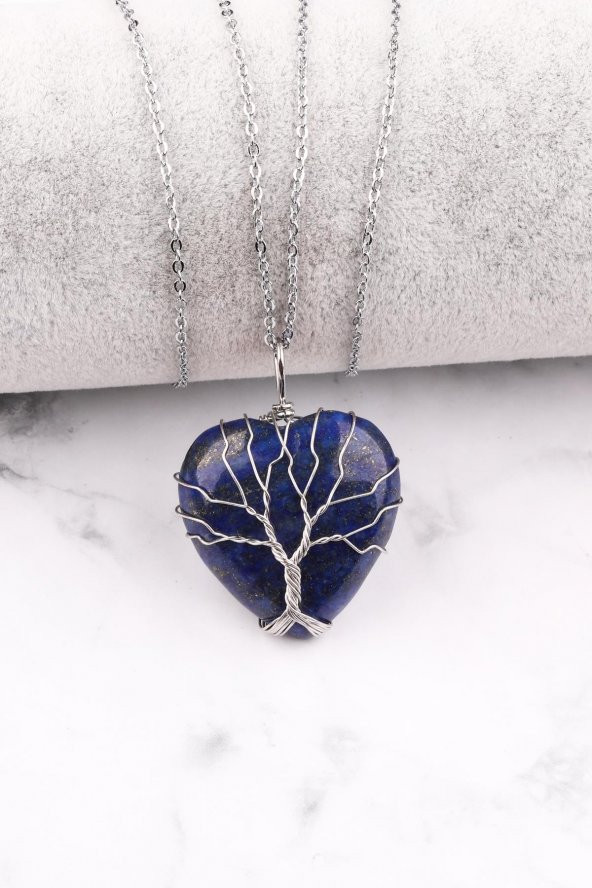 Lapis Lazuli Doğal Taş Tel Sarmalı Kalp Kolye ürün görseli