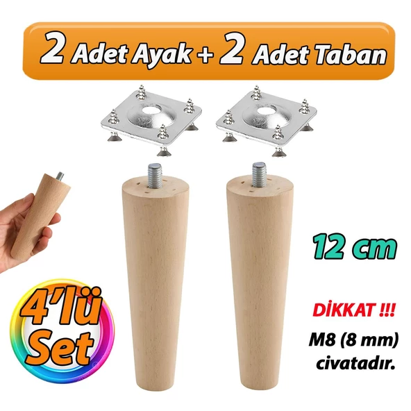 Ahşap Ayak 12 Cm 4'lü Set M8 Civatalı Bağlantı Aparatlı Dolap Mobilya Koltuk Kanepe Destek Ayağı Ayakları ürün görseli