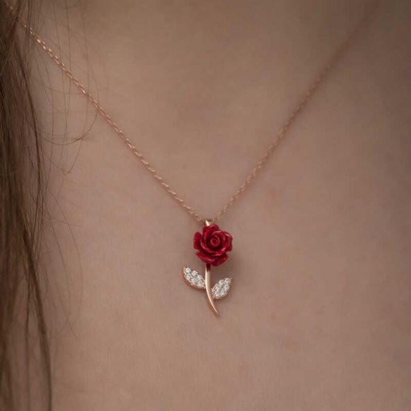 Kırmızı Gül Tasarımlı Gümüş Kolye Rose - 2
