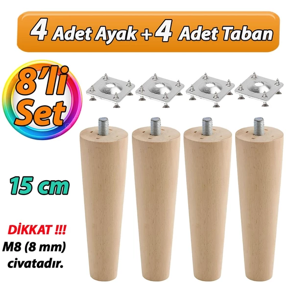 Ahşap Ayak 15 Cm 8'li Set M8 Civatalı Bağlantı Aparatlı Dolap Mobilya Koltuk Kanepe Destek Ayağı Ayakları