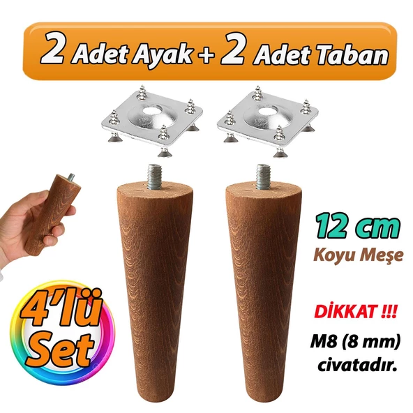 Ahşap Ayak 12 Cm 4'lü Set Koyu Meşe M8 Civatalı Bağlantı Aparatlı Dolap Mobilya Koltuk Kanepe Destek Ayağı Ayakları
