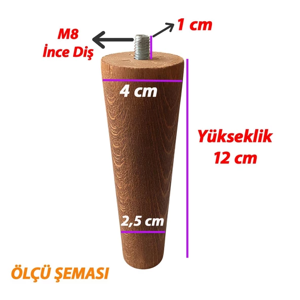 Ahşap Ayak 12 Cm 4'lü Set Koyu Meşe M8 Civatalı Bağlantı Aparatlı Dolap Mobilya Koltuk Kanepe Destek Ayağı Ayakları - 2