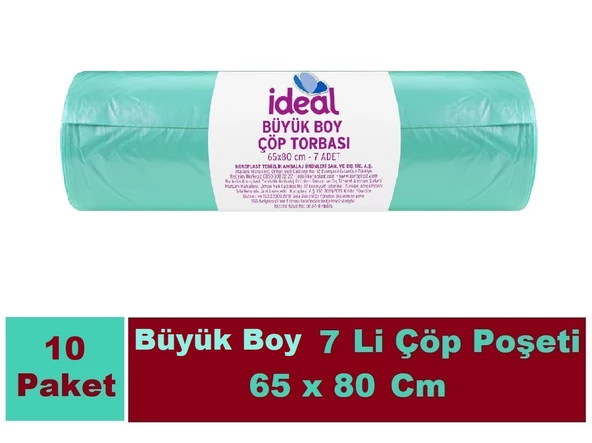 İdeal Çöp Poşeti Büyük Boy Yeşil 7 Li 65x80 Cm x 10 Adet