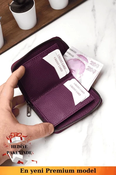 Fermuarlı Vegan Deri Cüzdan 10 Kart Bölmeli Kartlık Portföy Dik Mini Model Mor - 4