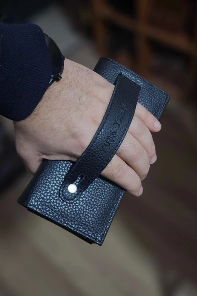 Telefon Bölmeli Cüzdan İsim Baskılı Mıknatıslı Ve El Bantlı Büyük Paraportföy El Çantası Siyah