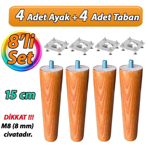 Ahşap Ayak 15 Cm 8'li Set Açık Meşe M8 Civatalı Bağlantı Aparatlı Dolap Mobilya Koltuk Kanepe Destek Ayağı Ayakları