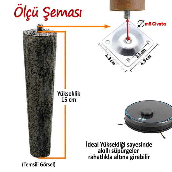2 Adet Ahşap Ayak 15 Cm Koyu Meşe M8 Civatalı Bağlantı Aparatlı Dolap Mobilya Koltuk Kanepe Destek Ayağı Ayakları - 3