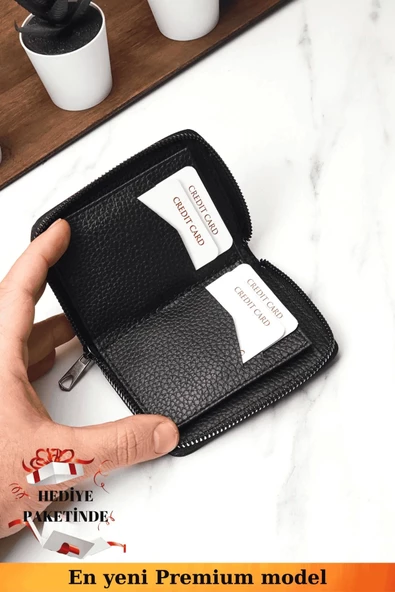 Fermuarlı Vegan Deri Cüzdan 10 Kart Bölmeli Kartlık Portföy Dik Mini Model Siyah - 5