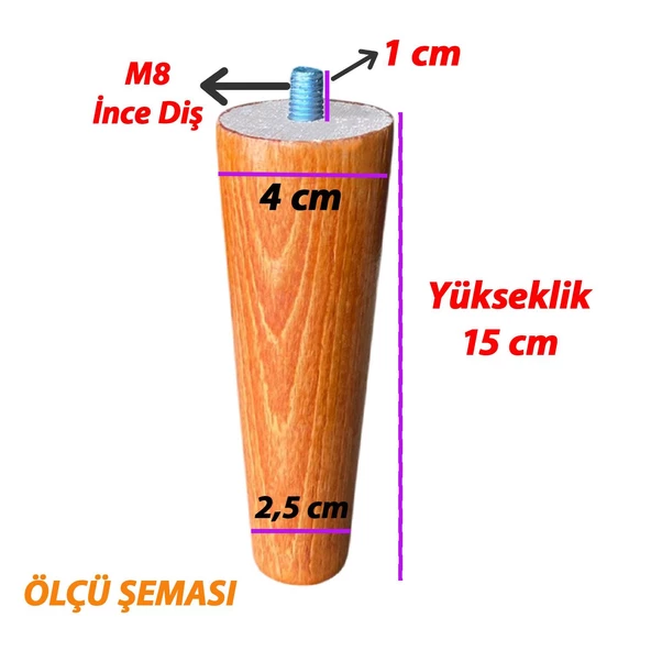 Ahşap Ayak 15 Cm 8'li Set Açık Meşe M8 Civatalı Bağlantı Aparatlı Dolap Mobilya Koltuk Kanepe Destek Ayağı Ayakları - 2