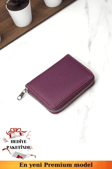 Fermuarlı Vegan Deri Cüzdan 10 Kart Bölmeli Kartlık Portföy Dik Mini Model Mor - 2
