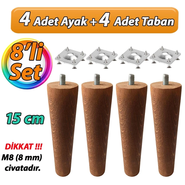 Ahşap Ayak 15 Cm 8'li Set Koyu Meşe M8 Civatalı Bağlantı Aparatlı Dolap Mobilya Koltuk Kanepe Destek Ayağı Ayakları ürün görseli 1