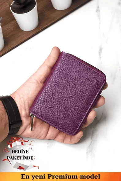 Fermuarlı Vegan Deri Cüzdan 10 Kart Bölmeli Kartlık Portföy Dik Mini Model Mor