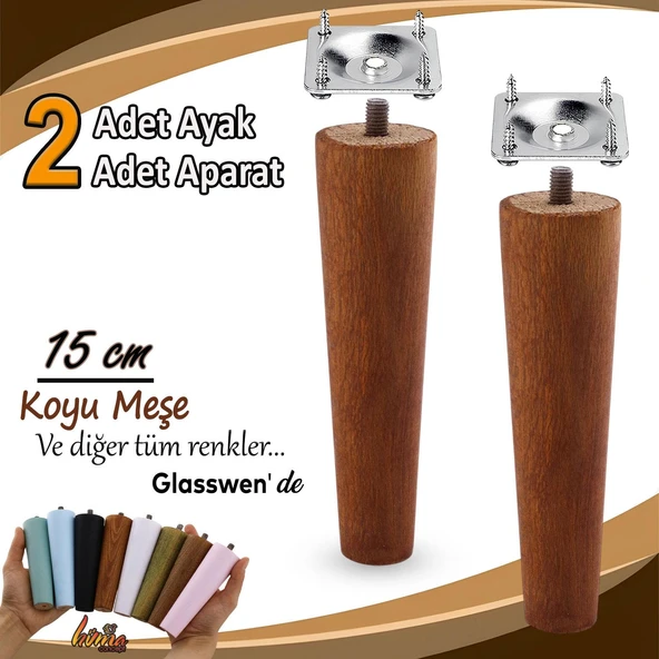 2 Adet Ahşap Ayak 15 Cm Koyu Meşe M8 Civatalı Bağlantı Aparatlı Dolap Mobilya Koltuk Kanepe Destek Ayağı Ayakları