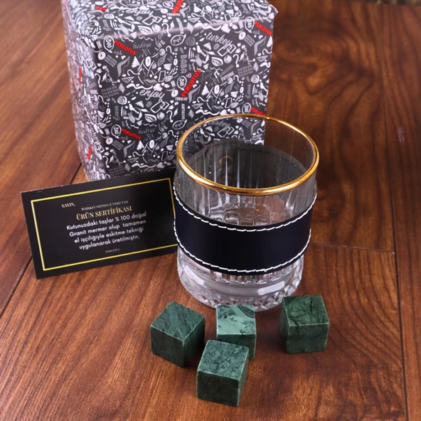 Perlotus 210 cc Golden Deri Kılıflı Viski Bardağı ve Viski Taşı Seti - 3