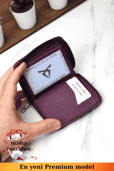 Fermuarlı Vegan Deri Cüzdan 10 Kart Bölmeli Kartlık Portföy Dik Mini Model Mor - 6