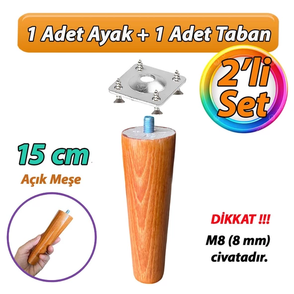 Ahşap Ayak 15 Cm 2'li Set Açık Meşe M8 Civatalı Bağlantı Aparatlı Dolap Mobilya Koltuk Kanepe Destek Ayağı Ayakları