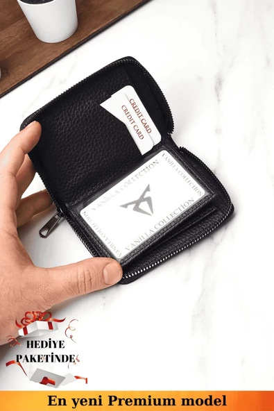 Fermuarlı Vegan Deri Cüzdan 10 Kart Bölmeli Kartlık Portföy Dik Mini Model Siyah - 3