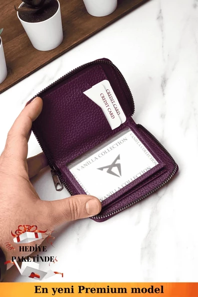 Fermuarlı Vegan Deri Cüzdan 10 Kart Bölmeli Kartlık Portföy Dik Mini Model Mor - 3