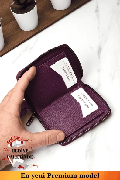 Fermuarlı Vegan Deri Cüzdan 10 Kart Bölmeli Kartlık Portföy Dik Mini Model Mor - 5