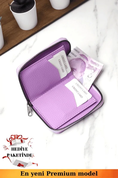 Fermuarlı Vegan Deri Cüzdan 10 Kart Bölmeli Kartlık Portföy Dik Mini Model Lila - 3