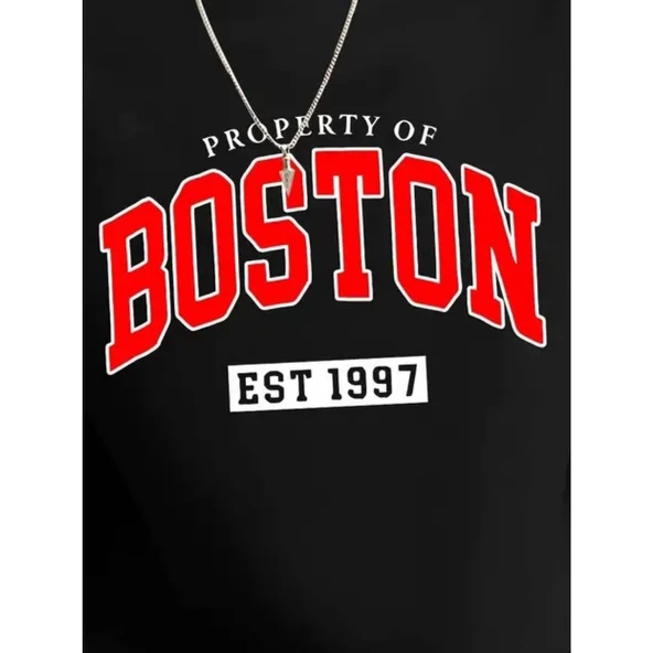 Erkek Uzun Kollu Bisiklet Yaka Boston Yazılı Iki Iplik Bluz