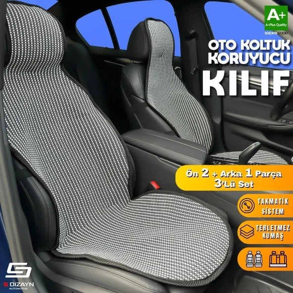 ÜNİVERSAL OTO KOLTUK KORUYUCU KILIF 2 ÖN 1 ARKA SET ÇİZGİLİ FÜME-BEYAZ - 9
