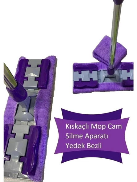 Çelik Ayna Kıskaçlı Cam Silme Mopu Mikrofiber Yedek Bezli Yer Duvar Fayans Silme Mopu - 2