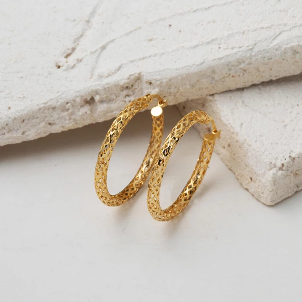 İtalyan 14 Ayar Büyük Boy Altın Halka Küpe - 5