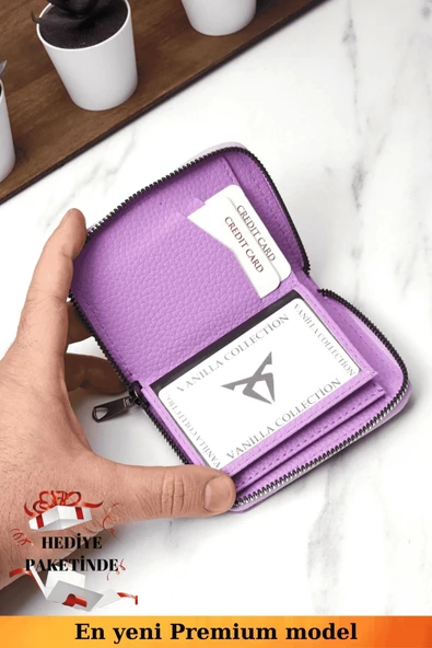 Fermuarlı Vegan Deri Cüzdan 10 Kart Bölmeli Kartlık Portföy Dik Mini Model Lila - 4