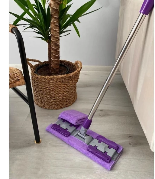Çelik Ayna Kıskaçlı Cam Silme Mopu Mikrofiber Yedek Bezli Yer Duvar Fayans Silme Mopu - 3