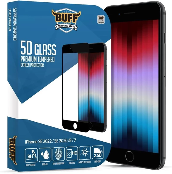 Buff iPhone Se 2020 / 8/7 5D ile Uyumlu Glass Ekran Koruyucu Black - 1