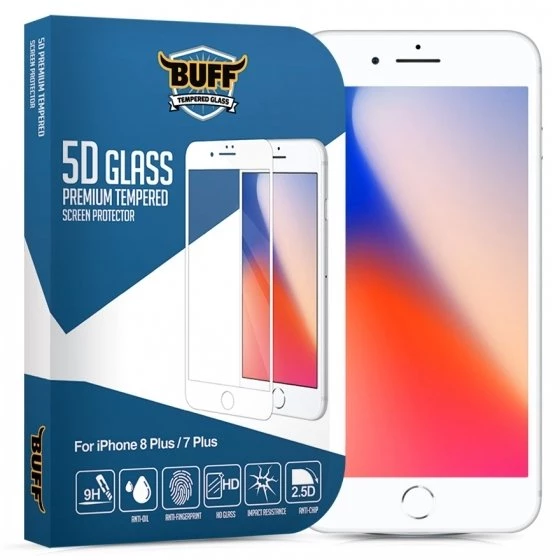 Buff iPhone 8 Plus / 7 Plus 5D ile Uyumlu Glass Ekran Koruyucu White - 1