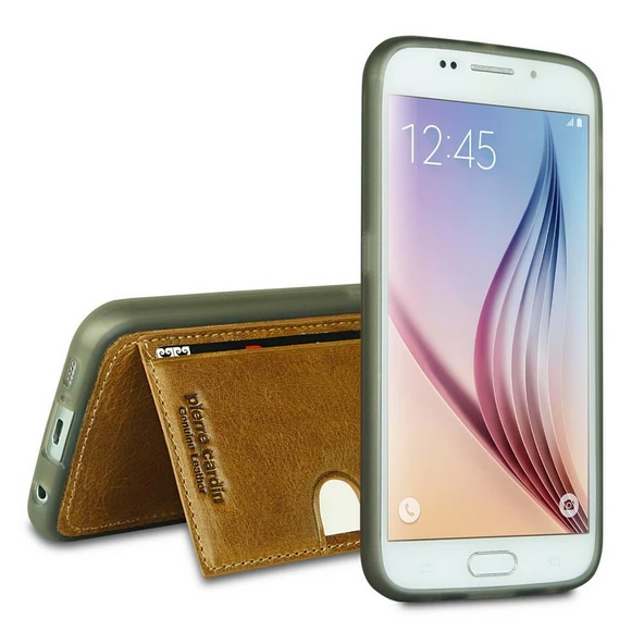 Pierre Cardin Galaxy S6 ile Uyumlu Deri Arka Koruma Paneli Kahve PCL-P11 - 1
