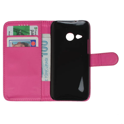 One M8 Mini ile Uyumlu Deri Kılıf Yan Model Kartlıklı Cüzdanlı Pembe - 2