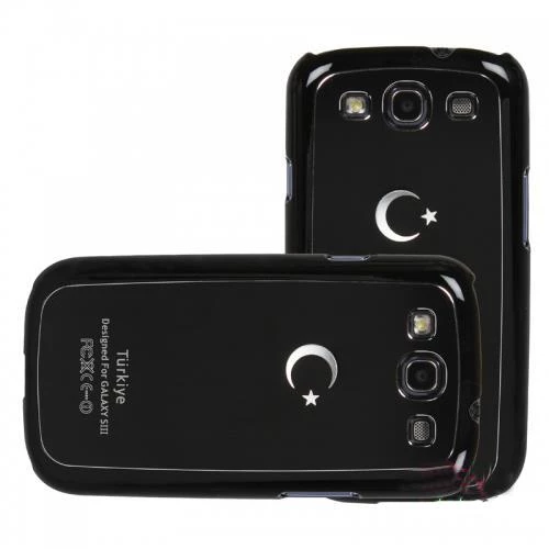 Galaxy S3 i9300 ile Uyumlu Sert Kauçuk Kılıf Ay Yıldızlı Model Siyah Renk - 1