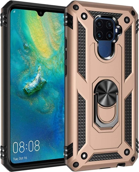 Mate 30 Lite ile Uyumlu Yüzüklü Standlı Zırhlı Silikon Kılıf Gold - 1