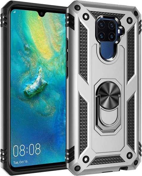 Mate 30 Lite ile Uyumlu Yüzüklü Standlı Zırhlı Silikon Kılıf Gümüş - 1