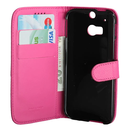 One M8 ile Uyumlu Deri Kılıf Yan Model Kartlıklı Cüzdanlı Pembe ürün görseli