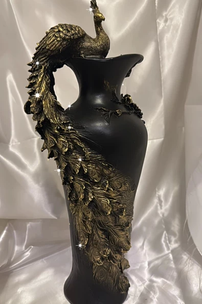 Tavuskuşu Vazo El İşi Siyah Gold - Resim 5