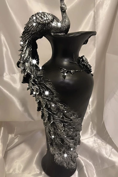 Tavuskuşu Vazo El İşi Siyah Mavi - Resim 4