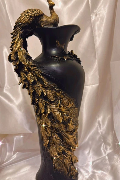 Tavuskuşu Vazo El İşi Siyah Gold - Resim 4