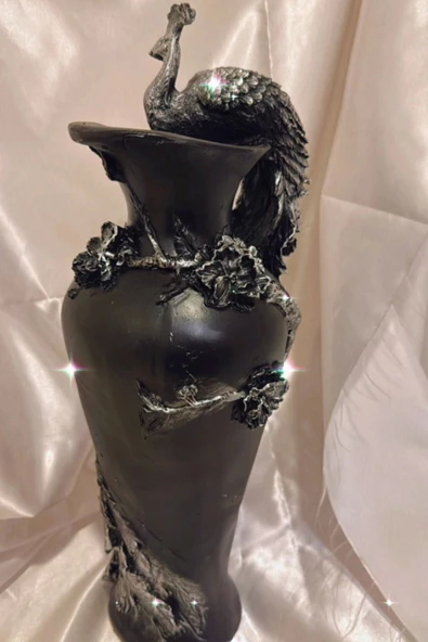 Tavuskuşu Vazo El İşi Siyah Mavi - Resim 3