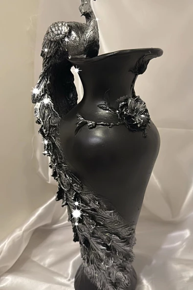 Tavuskuşu Vazo El İşi Siyah Mavi - Resim 5