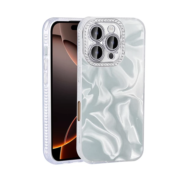 KNY Apple İphone 16 Pro Max Kılıf Kamera Taşlı Lens Korumalı Dalga Desenli Esila Kapak Mavi