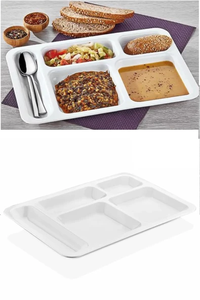 10 Adet  5 Bölmeli Kırılmaz Tabldot Tabak Self Servis Yemekhane Okul Lokanta Tabildot (40 cm x28 cm) - 3