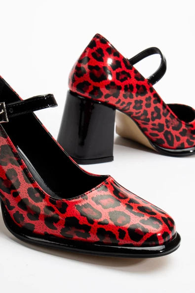 Adelin Kadın Yüksek Topuklu Kırmızı Leopar Rugan Oxford Ayakkabı - 4